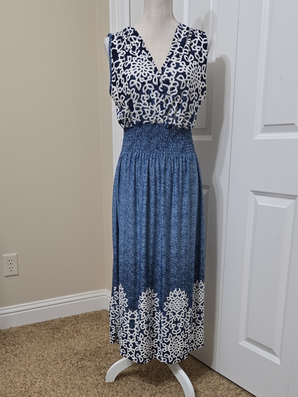 ANA & ROSE Sleeveless Navy White Elastic Waist Printed Maxi Dress Sz L